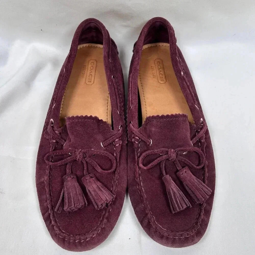 Coach Nadia Size 7.5 Suede Leather Wine Moccasins Tassel Preppy Cabincore Travel